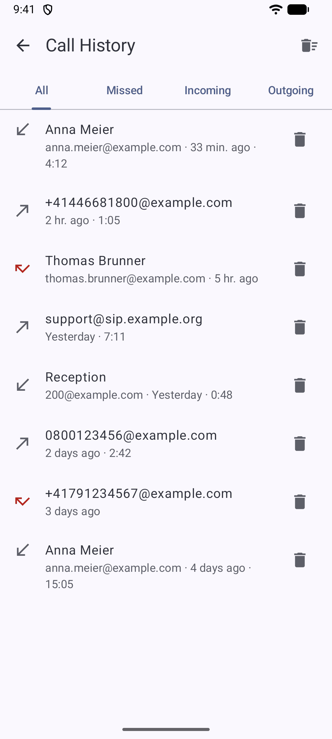 Call history with incoming, outgoing and missed calls