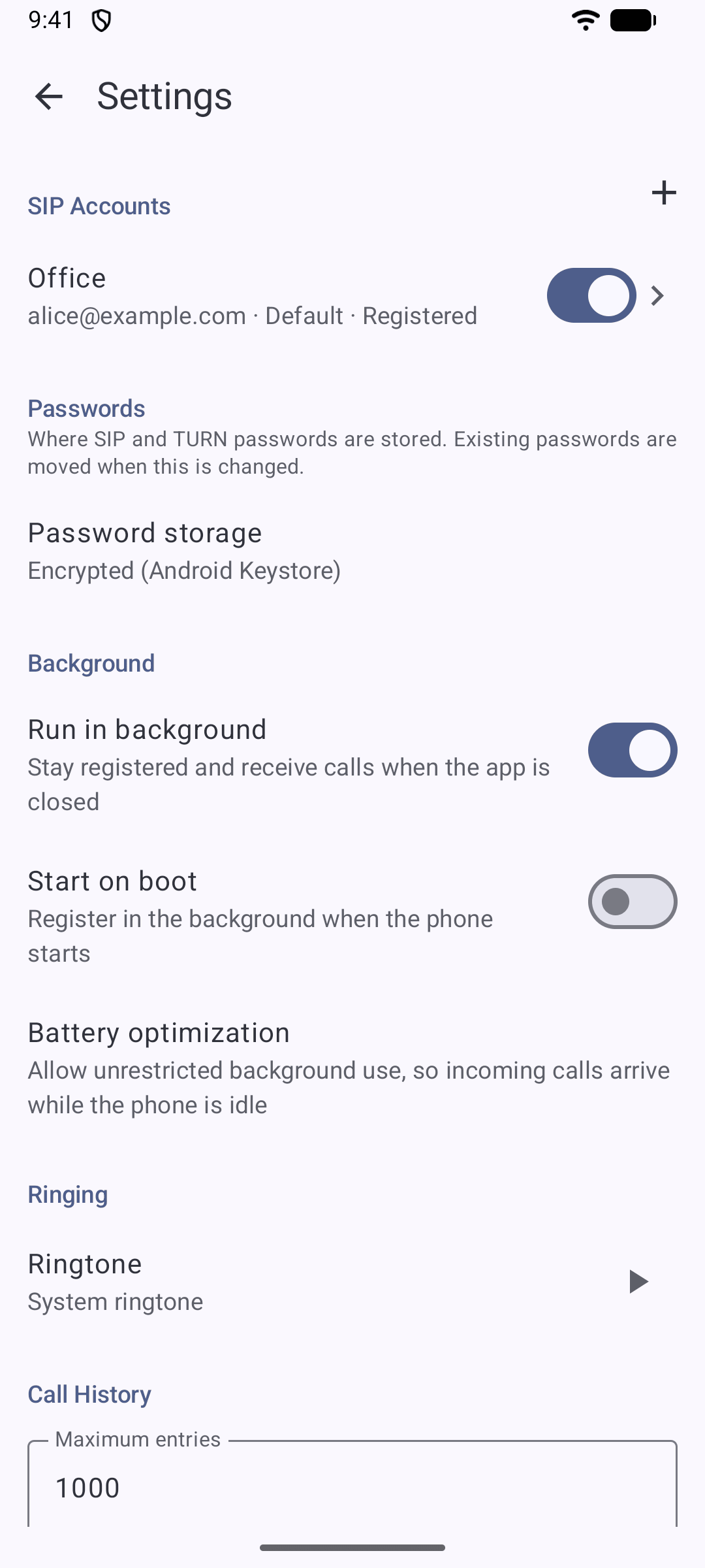 Settings with SIP accounts