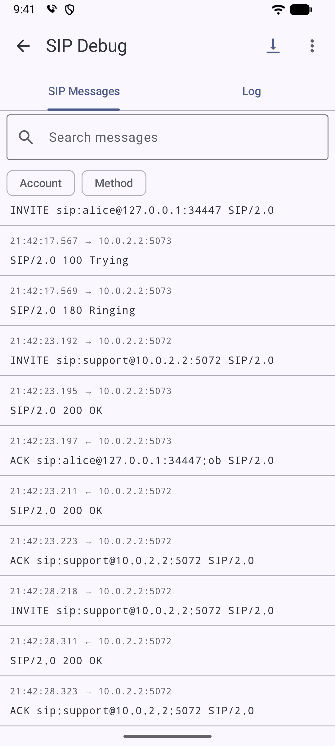 List of raw SIP messages